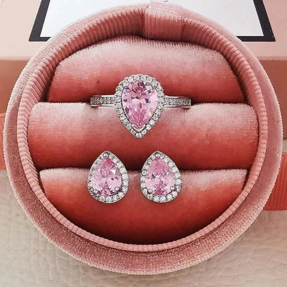 Pink Sapphire Diamond Pear Cut Ring & Earring Set